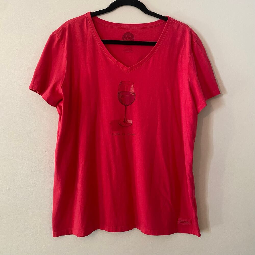Life Is Good Hot Pink Wine Glass V-neck Crusher Tee Cotton Women's size XL